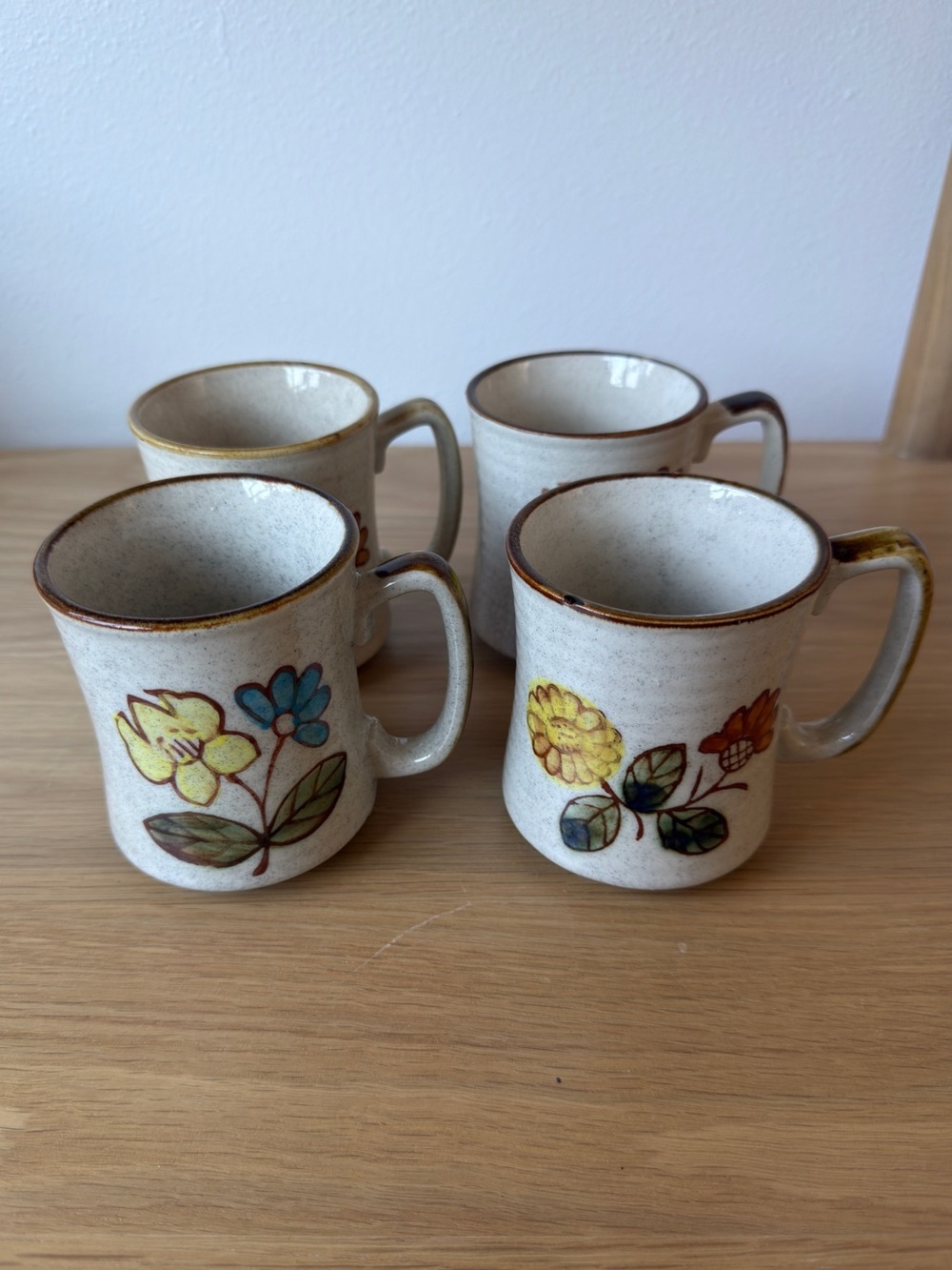 Vintage 70s Otagiri Style Japan Speckled Stoneware Floral Coffee Mug Set Of 4